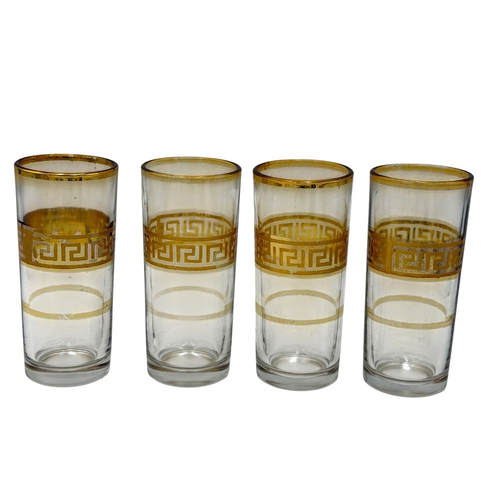 Vtg Culver Greek Key Gold Highball Glasses Set of 4 Mid Century Barware 5.5 Inch